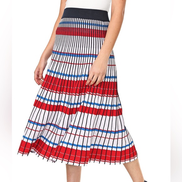 Banana Republic Pleated Knit Midi Skirt in Blue White & Red Stripes - Picture 3 of 8